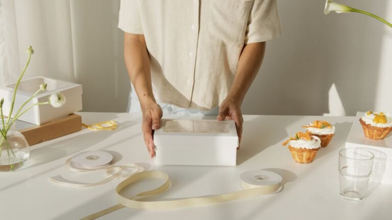 Home baker packaging a bakery gift box with ribbon spools and decorated tarts on the table
