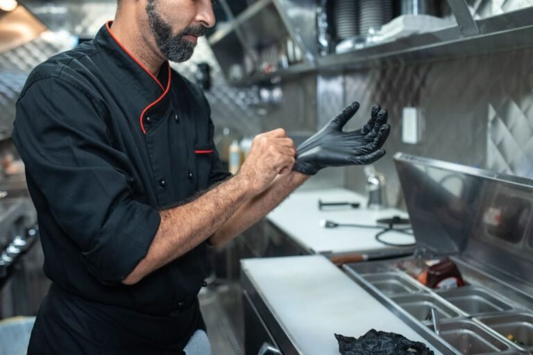 A chef in a professional kitchen putting on hygiene gloves before handling food.